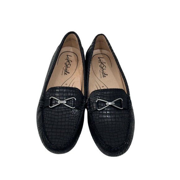 LifeStride Womens Black Crocodile-Embossed Loafers Silver Buckle Detail Size 10M - Picture 12 of 14